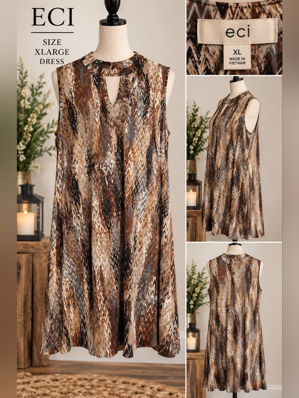 Beige by eci Sleeveless Midi Dress in Brown and Cream Chevron Print